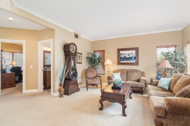 living room featuring visible vents, light colored carpet, and ornamental molding