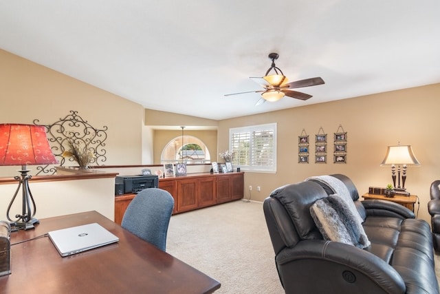 office with light colored carpet, lofted ceiling, and ceiling fan