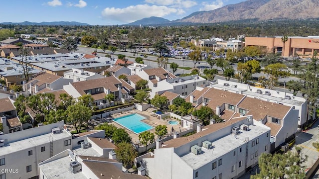 aerial view featuring a mountain view and a residential view