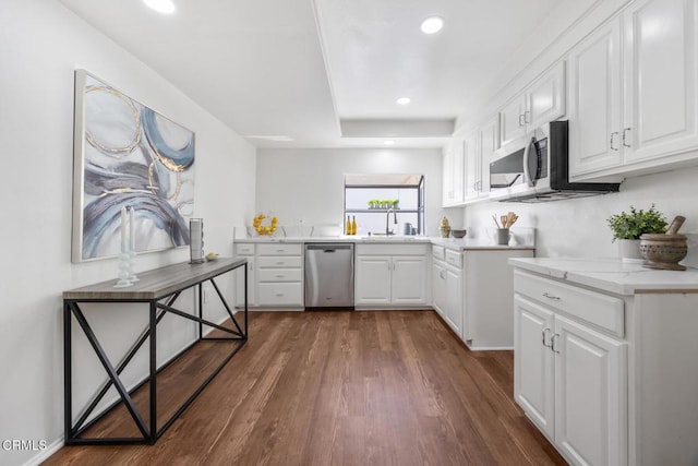 kitchen with white cabinets, dark wood-style flooring, appliances with stainless steel finishes, and a sink