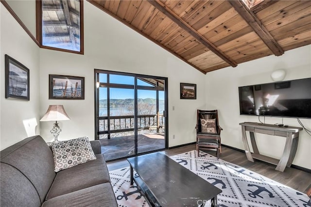 living room featuring baseboards, wood ceiling, beam ceiling, wood finished floors, and high vaulted ceiling