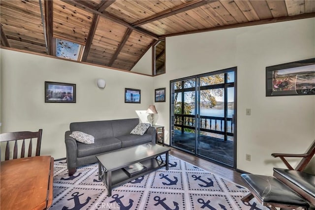 living area featuring wooden ceiling, beamed ceiling, wood finished floors, and high vaulted ceiling