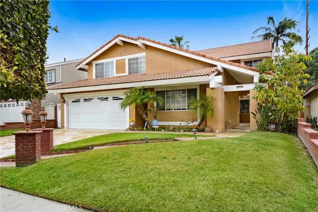 traditional home with stucco siding, a tile roof, concrete driveway, an attached garage, and a front yard