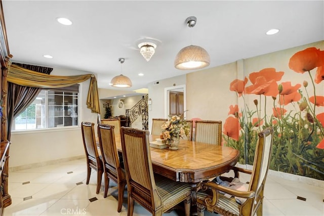 dining space featuring light tile patterned flooring, recessed lighting, and baseboards