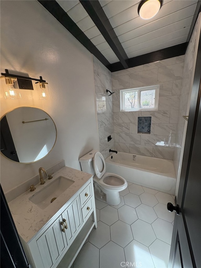 bathroom featuring toilet, vanity, lofted ceiling with beams, and  shower combination