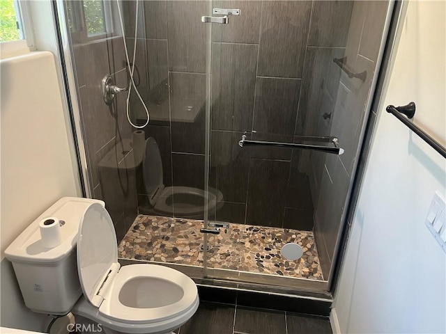 bathroom with a shower stall and toilet