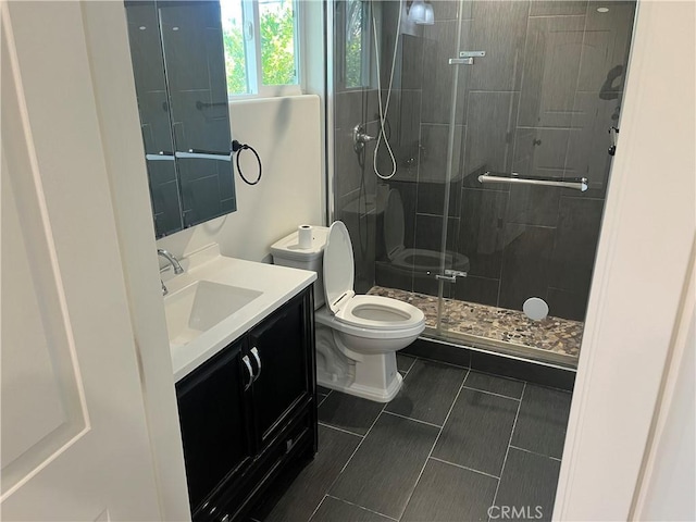 bathroom with vanity, a shower stall, and toilet