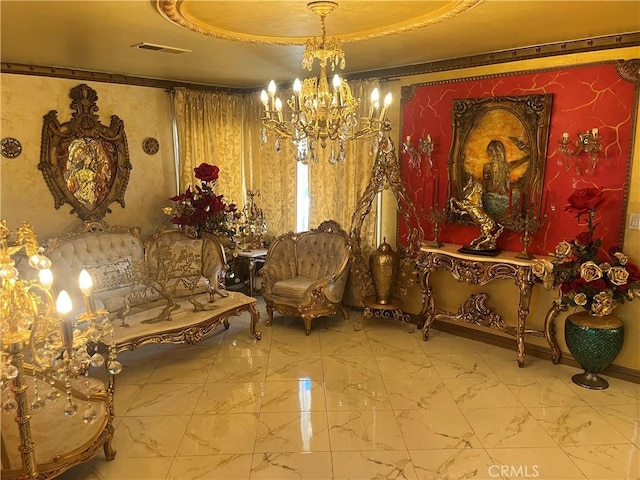 interior space featuring a tray ceiling, visible vents, a notable chandelier, and marble finish floor