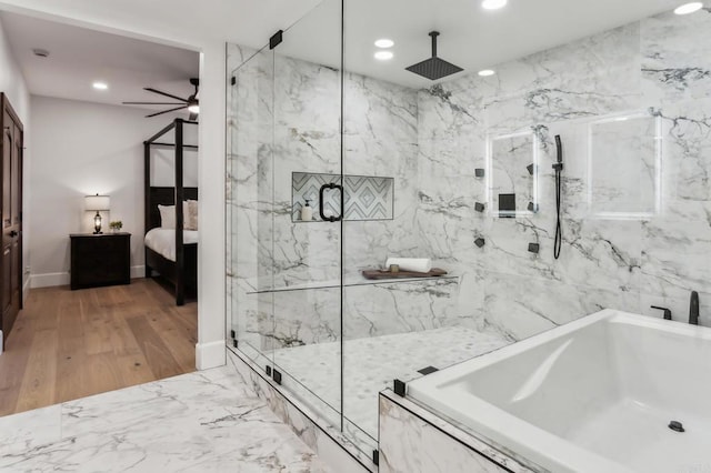 full bath with a marble finish shower, recessed lighting, ensuite bathroom, and ceiling fan