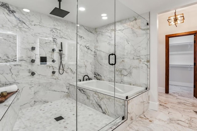 full bathroom with a marble finish shower, baseboards, recessed lighting, a tub with marble appearance, and marble finish floor