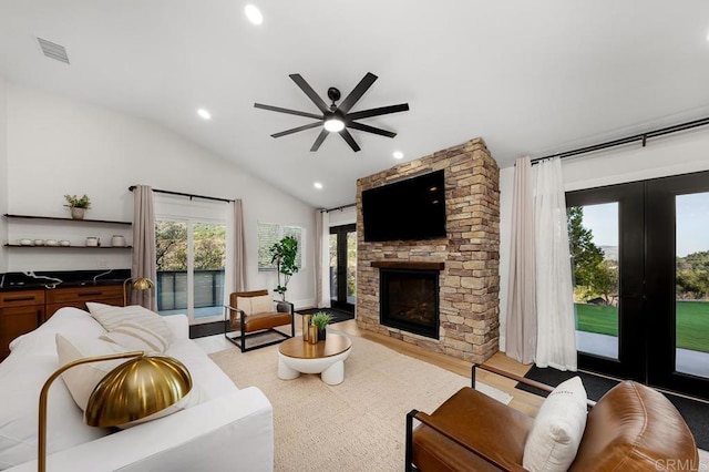 1326 Farmer Rd, Julian, CA 92036 - living room with a fireplace, recessed lighting, a ceiling fan, visible vents, and lofted ceiling