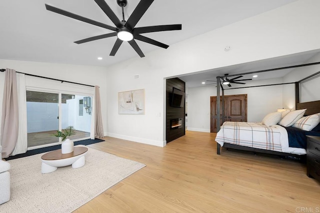 1326 Farmer Rd, Julian, CA 92036 - bedroom featuring access to outside, light wood-style floors, ceiling fan, recessed lighting, and baseboards