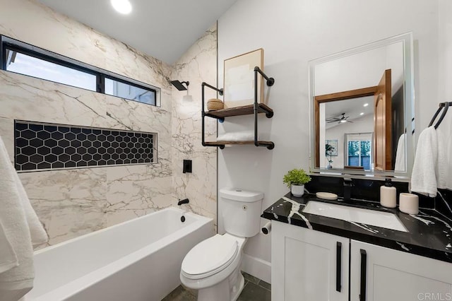 1326 Farmer Rd, Julian, CA 92036 - bathroom featuring ceiling fan, vanity, toilet, shower / bathing tub combination, and baseboards