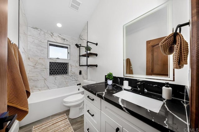 1326 Farmer Rd, Julian, CA 92036 - bathroom with  shower combination, vanity, visible vents, and toilet