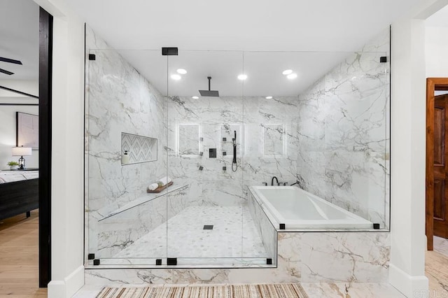 1326 Farmer Rd, Julian, CA 92036 - full bathroom featuring a marble finish shower, a bath, recessed lighting, and marble finish floor