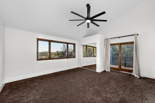 1326 Farmer Rd, Julian, CA 92036 - unfurnished room with high vaulted ceiling, baseboards, dark carpet, and ceiling fan