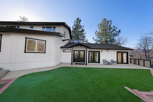 1326 Farmer Rd, Julian, CA 92036 - rear view of house with a patio area, french doors, board and batten siding, and a lawn