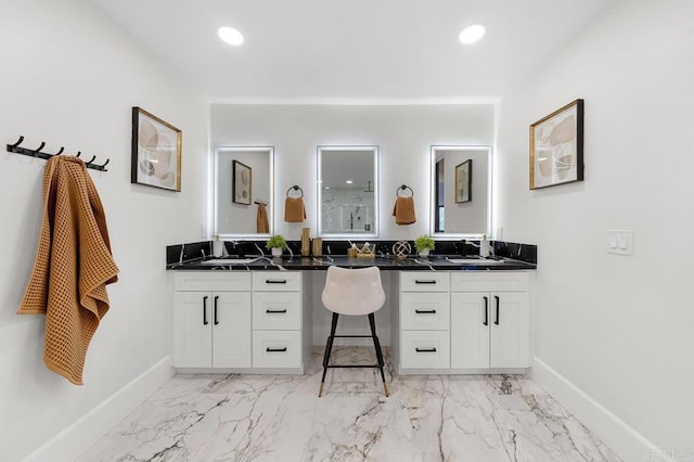 1326 Farmer Rd, Julian, CA 92036 - full bathroom featuring double vanity, marble finish floor, baseboards, and recessed lighting