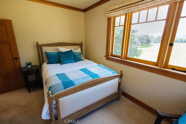 carpeted bedroom with crown molding and baseboards