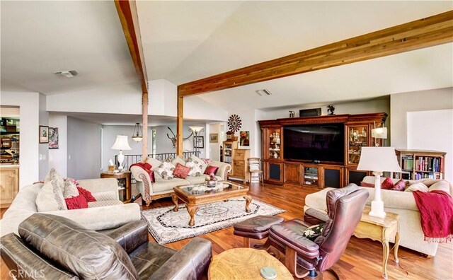 1471 Rosehill, Redlands, CA 92373 - living area with wood finished floors and beamed ceiling