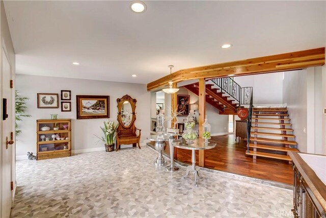 1471 Rosehill, Redlands, CA 92373 - interior space featuring stairs, baseboards, parquet floors, and recessed lighting