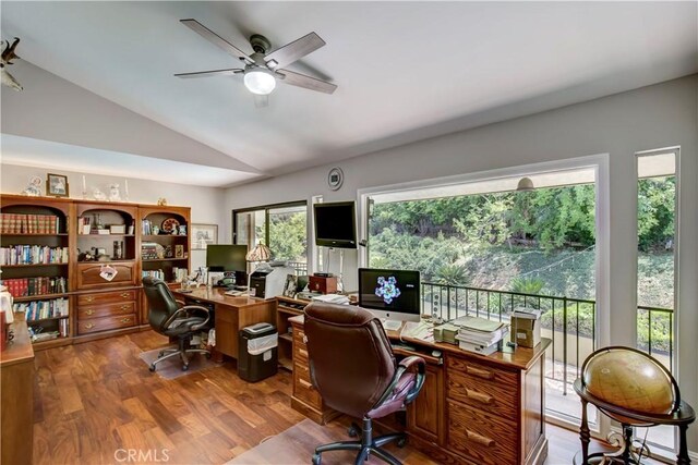 1471 Rosehill, Redlands, CA 92373 - home office featuring a ceiling fan, lofted ceiling, and wood finished floors