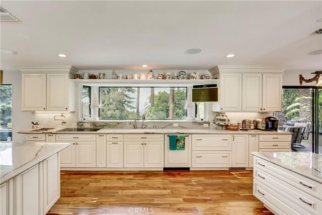 1471 Rosehill, Redlands, CA 92373 - kitchen featuring backsplash, healthy amount of natural light, light stone counters, white cabinetry, and recessed lighting