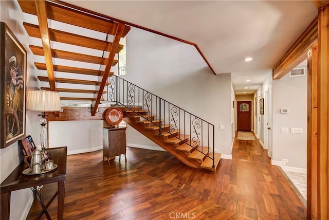 1471 Rosehill, Redlands, CA 92373 - staircase featuring wood finished floors, baseboards, and recessed lighting