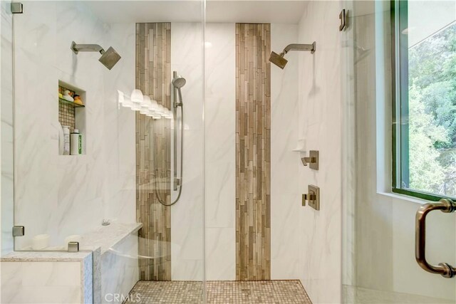 1471 Rosehill, Redlands, CA 92373 - bathroom featuring a marble finish shower and plenty of natural light