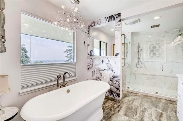 1471 Rosehill, Redlands, CA 92373 - full bathroom with a marble finish shower, a freestanding tub, marble tiled flooring, a chandelier, and recessed lighting