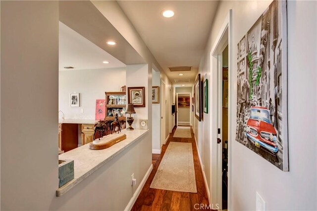 1471 Rosehill, Redlands, CA 92373 - hall with recessed lighting, dark wood-type flooring, and baseboards