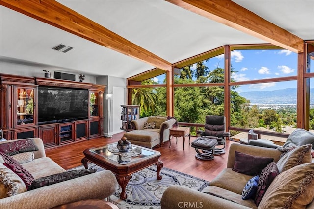 1471 Rosehill, Redlands, CA 92373 - living room with floor to ceiling windows, wood finished floors, and a mountain view