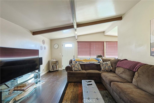 living room with vaulted ceiling with beams, dark wood-type flooring, and baseboards