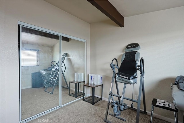 exercise area featuring baseboards and carpet floors