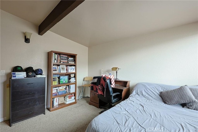 bedroom with carpet flooring, lofted ceiling with beams, and baseboards