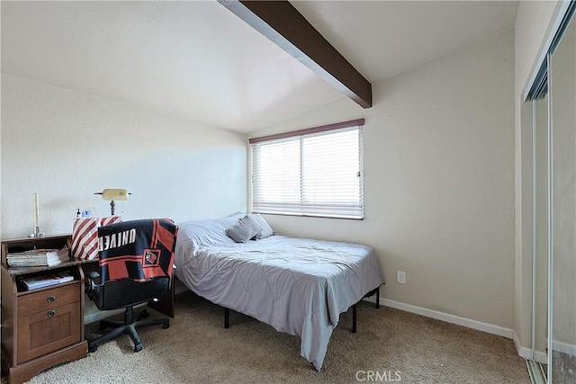 bedroom featuring vaulted ceiling with beams, baseboards, and light carpet