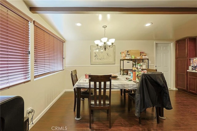 dining space featuring a chandelier, vaulted ceiling with beams, dark wood-type flooring, and baseboards