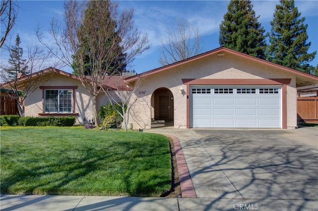 ranch-style house featuring a front yard, a garage, driveway, and stucco siding