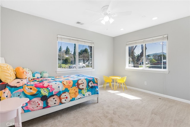 bedroom featuring visible vents, a ceiling fan, recessed lighting, carpet flooring, and baseboards