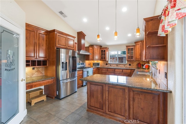 kitchen with visible vents, open shelves, stainless steel appliances, wall chimney exhaust hood, and a sink