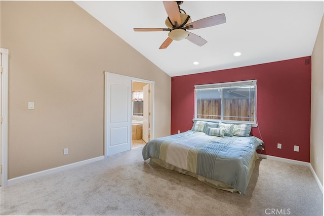 bedroom with baseboards, lofted ceiling, carpet flooring, recessed lighting, and ensuite bath