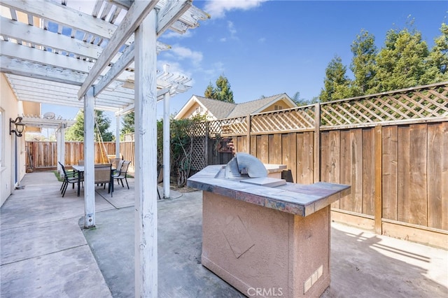 view of patio / terrace featuring area for grilling, a pergola, outdoor dining area, and a fenced backyard