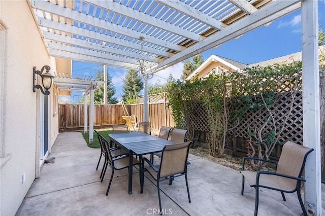 view of patio featuring a fenced backyard, outdoor dining space, and a pergola