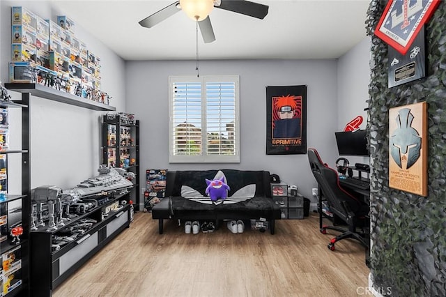 office space featuring a ceiling fan and wood finished floors