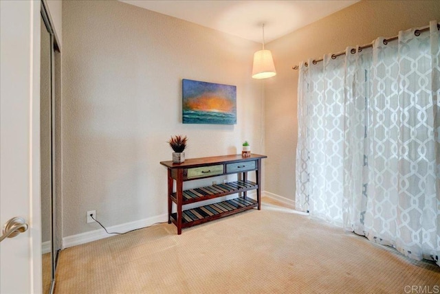 interior space with baseboards and carpet