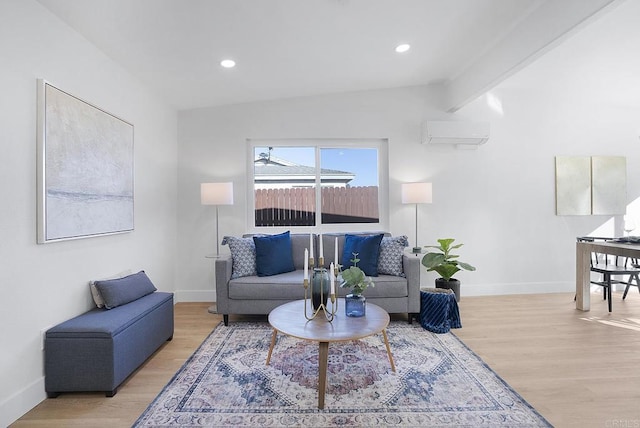 living room with baseboards, lofted ceiling with beams, a wall unit AC, recessed lighting, and light wood-style floors