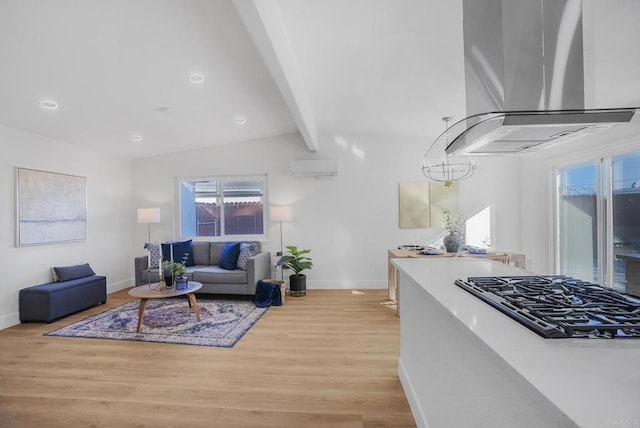 living room featuring baseboards, light wood finished floors, lofted ceiling with beams, recessed lighting, and an AC wall unit