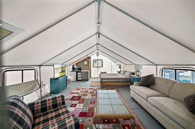 living room featuring lofted ceiling