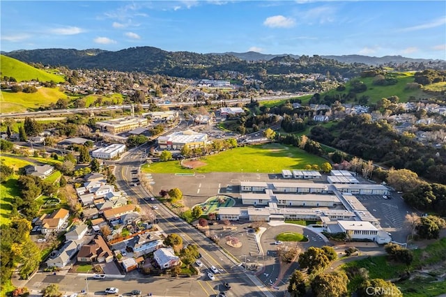 drone / aerial view featuring a mountain view