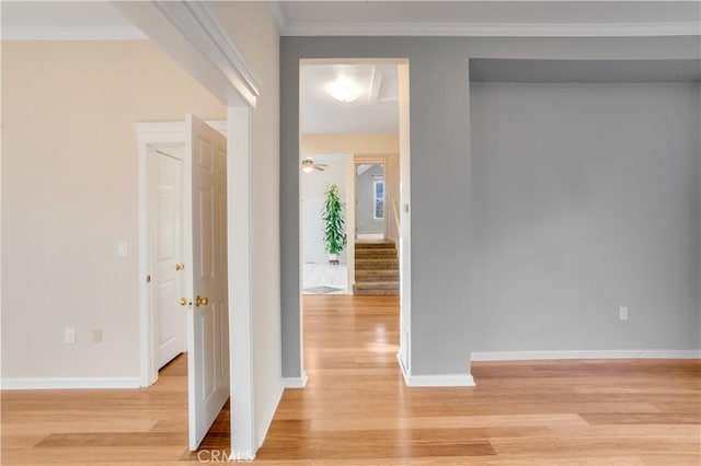 hallway with baseboards, light wood-style flooring, and crown molding